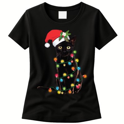 Santa Black Cat Tangled Up In Christmas Tree Lights Holiday Long Sleeve TShirt Womens T-Shirt