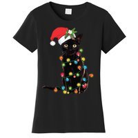 Santa Black Cat Tangled Up In Christmas Tree Lights Holiday Long Sleeve TShirt Women's T-Shirt