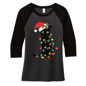 Santa Black Cat Tangled Up In Christmas Tree Lights Holiday Long Sleeve TShirt Women's Tri-Blend 3/4-Sleeve Raglan Shirt