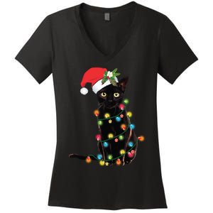 Santa Black Cat Tangled Up In Christmas Tree Lights Holiday Long Sleeve TShirt Women's V-Neck T-Shirt