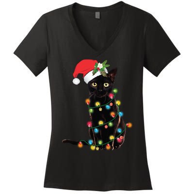 Santa Black Cat Tangled Up In Christmas Tree Lights Holiday Long Sleeve TShirt Women's V-Neck T-Shirt