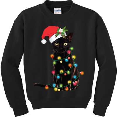 Santa Black Cat Tangled Up In Christmas Tree Lights Holiday Long Sleeve TShirt Kids Sweatshirt