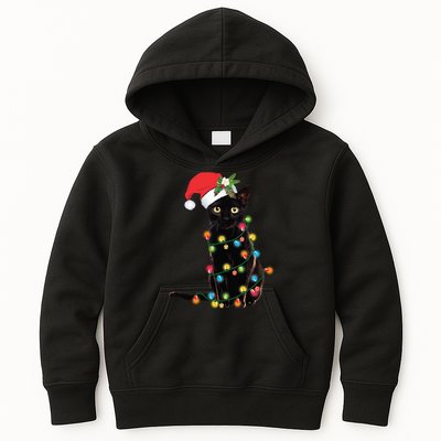 Santa Black Cat Tangled Up In Christmas Tree Lights Holiday Long Sleeve TShirt Kids Hoodie