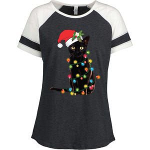 Santa Black Cat Tangled Up In Christmas Tree Lights Holiday Long Sleeve TShirt Enza Ladies Jersey Colorblock Tee