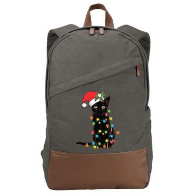 Santa Black Cat Tangled Up In Christmas Tree Lights Holiday Long Sleeve TShirt Cotton Canvas Backpack