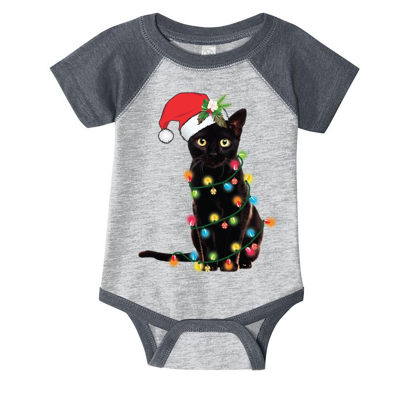 Santa Black Cat Tangled Up In Christmas Tree Lights Holiday Long Sleeve TShirt Infant Baby Jersey Bodysuit