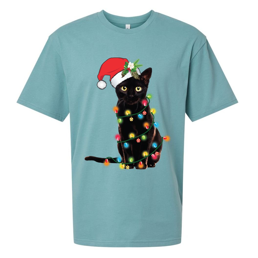 Santa Black Cat Tangled Up In Christmas Tree Lights Holiday Long Sleeve TShirt Sueded Cloud Jersey T-Shirt