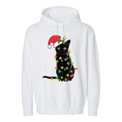 Santa Black Cat Tangled Up In Christmas Tree Lights Holiday Long Sleeve TShirt Garment-Dyed Fleece Hoodie