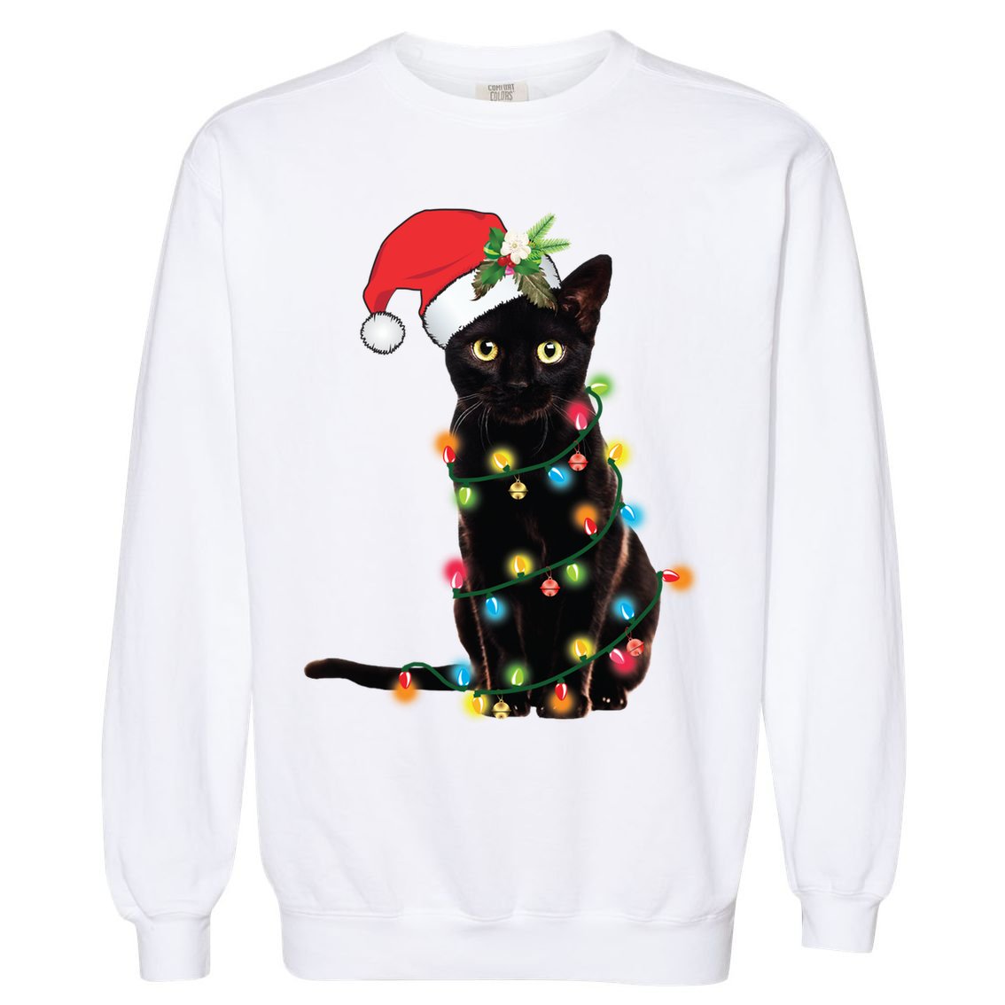 Santa Black Cat Tangled Up In Christmas Tree Lights Holiday Long Sleeve TShirt Garment-Dyed Sweatshirt