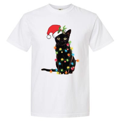 Santa Black Cat Tangled Up In Christmas Tree Lights Holiday Long Sleeve TShirt Garment-Dyed Heavyweight T-Shirt