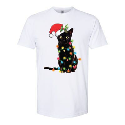 Santa Black Cat Tangled Up In Christmas Tree Lights Holiday Long Sleeve TShirt Softstyle CVC T-Shirt