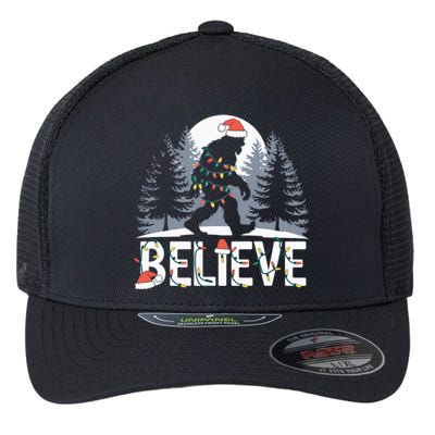 Santa Bigfoot Christmas Lights Funny Sasquatch Believe Xmas Flexfit Unipanel Trucker Cap