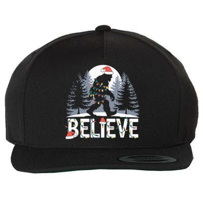 Santa Bigfoot Christmas Lights Funny Sasquatch Believe Xmas Wool Snapback Cap