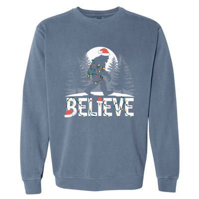 Santa Bigfoot Christmas Lights Funny Sasquatch Believe Xmas Garment-Dyed Sweatshirt