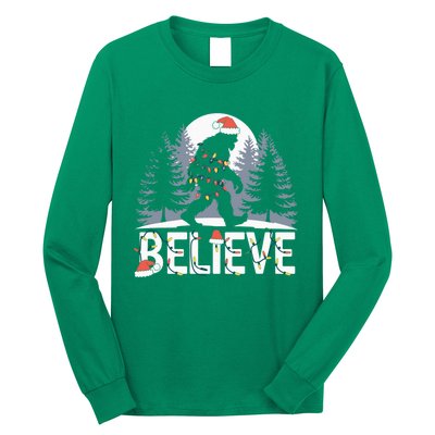 Santa Bigfoot Christmas Lights Funny Sasquatch Believe Xmas Long Sleeve Shirt