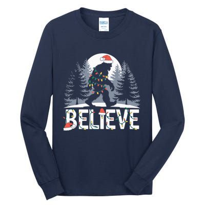 Santa Bigfoot Christmas Lights Funny Sasquatch Believe Xmas Tall Long Sleeve T-Shirt