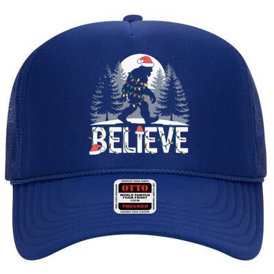 Santa Bigfoot Christmas Lights Funny Sasquatch Believe Xmas High Crown Mesh Back Trucker Hat