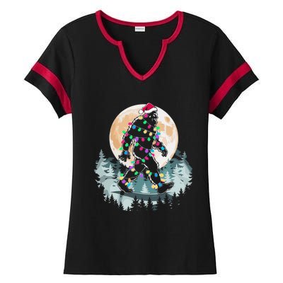 Santa Bigfoot Christmas Lights Funny Sasquatch Believe Xmas Ladies Halftime Notch Neck Tee