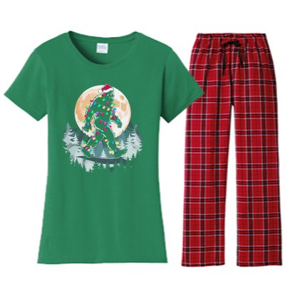 Santa Bigfoot Christmas Lights Funny Sasquatch Believe Xmas Women's Flannel Pajama Set