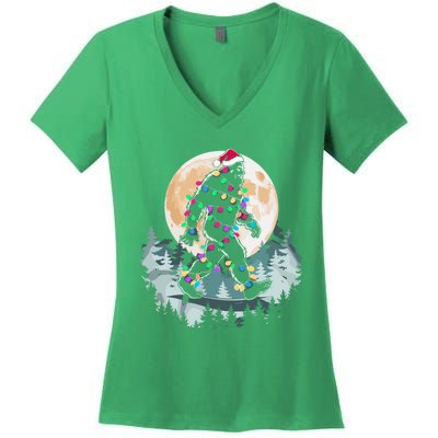 Santa Bigfoot Christmas Lights Funny Sasquatch Believe Xmas Women's V-Neck T-Shirt