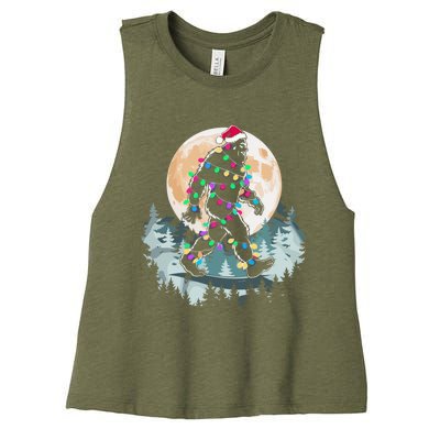 Santa Bigfoot Christmas Lights Funny Sasquatch Believe Xmas Women's Racerback Cropped Tank