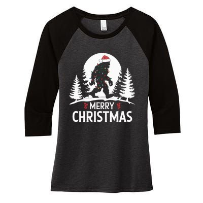 Santa Bigfoot Christmas Lights Funny Sasquatch Believe Xmas Women's Tri-Blend 3/4-Sleeve Raglan Shirt