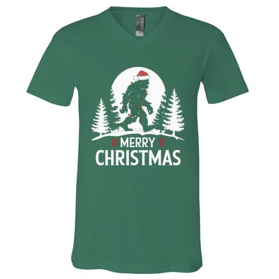 Santa Bigfoot Christmas Lights Funny Sasquatch Believe Xmas V-Neck T-Shirt