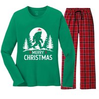 Santa Bigfoot Christmas Lights Funny Sasquatch Believe Xmas Women's Long Sleeve Flannel Pajama Set 