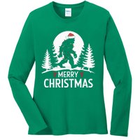 Santa Bigfoot Christmas Lights Funny Sasquatch Believe Xmas Ladies Long Sleeve Shirt