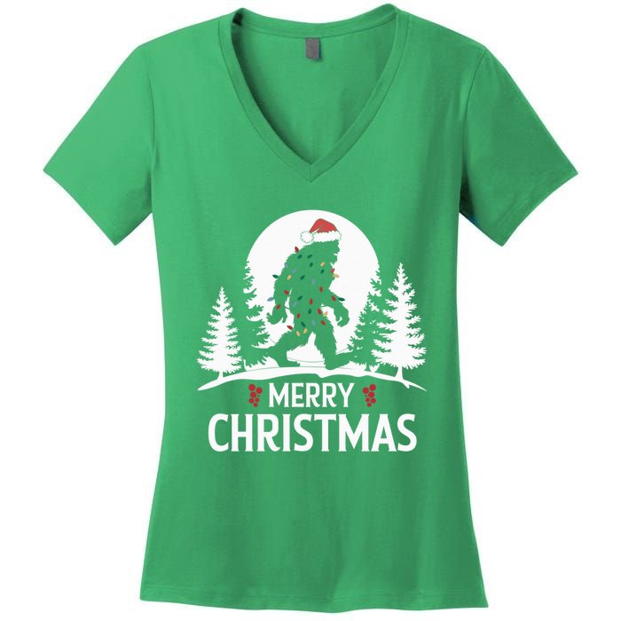 Santa Bigfoot Christmas Lights Funny Sasquatch Believe Xmas Women's V-Neck T-Shirt