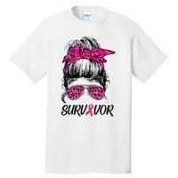 Survivor Breast Cancer Awareness Messy Bun Pink Ribbon Tall T-Shirt