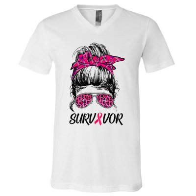 Survivor Breast Cancer Awareness Messy Bun Pink Ribbon V-Neck T-Shirt