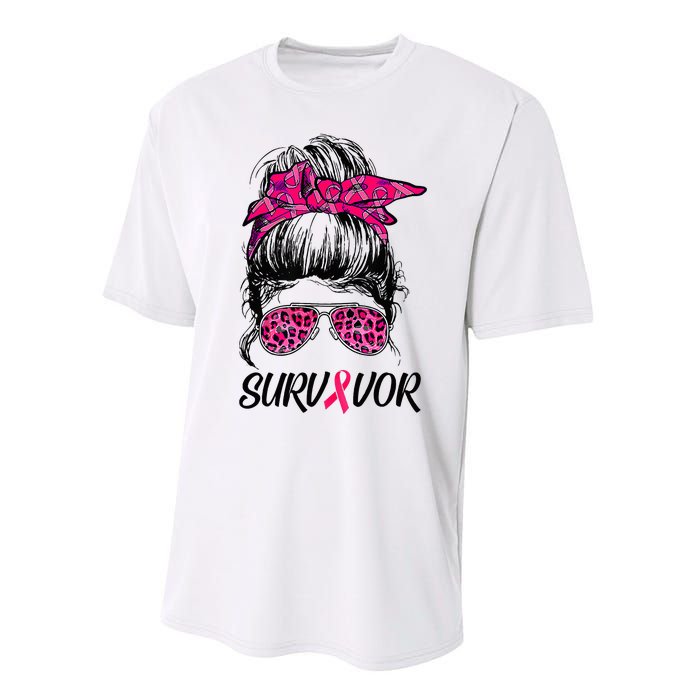 Survivor Breast Cancer Awareness Messy Bun Pink Ribbon Performance Sprint T-Shirt