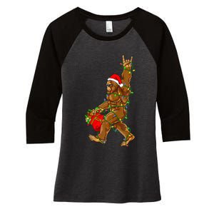 Santa Bigfoot Christmas Lights Rock Funny Sasquatch  Women's Tri-Blend 3/4-Sleeve Raglan Shirt