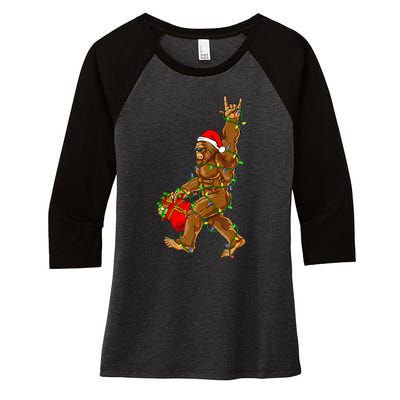 Santa Bigfoot Christmas Lights Rock Funny Sasquatch  Women's Tri-Blend 3/4-Sleeve Raglan Shirt