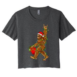 Santa Bigfoot Christmas Lights Rock Funny Sasquatch  Women's Crop Top Tee