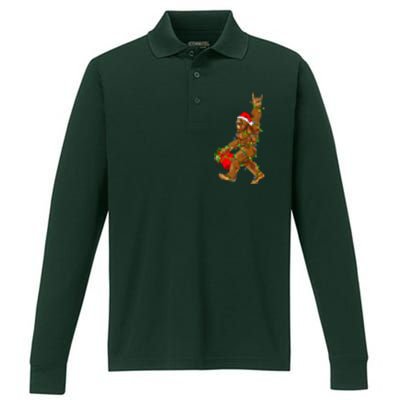 Santa Bigfoot Christmas Lights Rock Funny Sasquatch  Performance Long Sleeve Polo