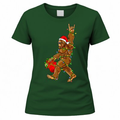 Santa Bigfoot Christmas Lights Rock Funny Sasquatch  Women's T-Shirt