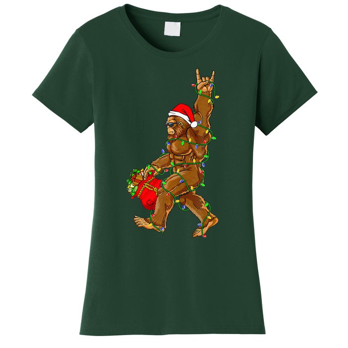 Santa Bigfoot Christmas Lights Rock Funny Sasquatch  Women's T-Shirt