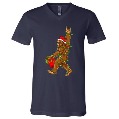 Santa Bigfoot Christmas Lights Rock Funny Sasquatch  V-Neck T-Shirt