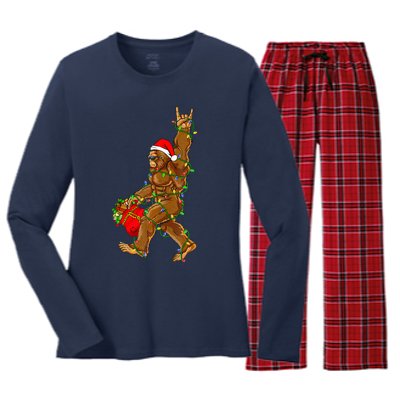 Santa Bigfoot Christmas Lights Rock Funny Sasquatch  Women's Long Sleeve Flannel Pajama Set 