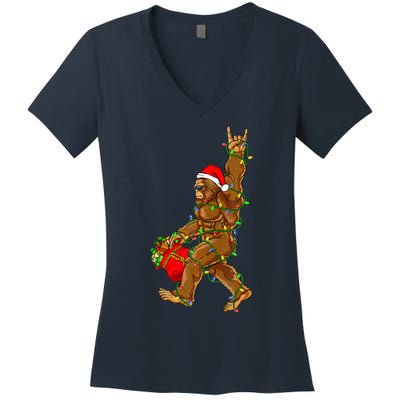 Santa Bigfoot Christmas Lights Rock Funny Sasquatch  Women's V-Neck T-Shirt