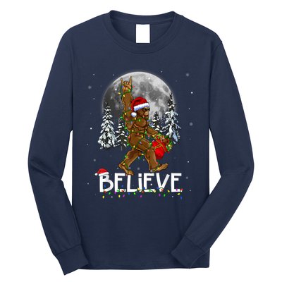 Santa Bigfoot Christmas Lights Funny Sasquatch Believe Xmas Long Sleeve Shirt