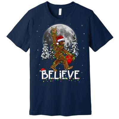 Santa Bigfoot Christmas Lights Funny Sasquatch Believe Xmas Premium T-Shirt