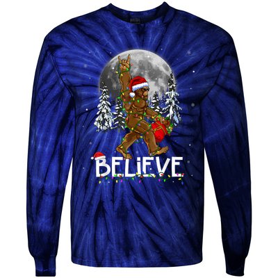 Santa Bigfoot Christmas Lights Funny Sasquatch Believe Xmas Tie-Dye Long Sleeve Shirt