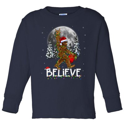 Santa Bigfoot Christmas Lights Funny Sasquatch Believe Xmas Toddler Long Sleeve Shirt