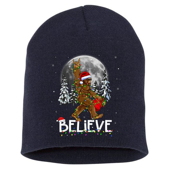 Santa Bigfoot Christmas Lights Funny Sasquatch Believe Xmas Short Acrylic Beanie