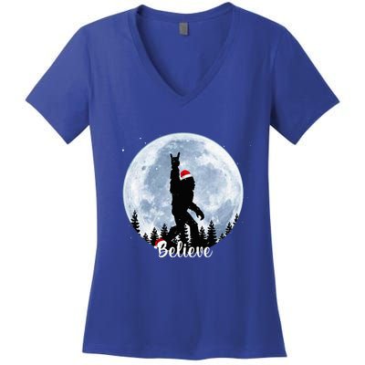 Santa Bigfoot Christmas Rock Roll Sasquatch Believe Xmas  Women's V-Neck T-Shirt