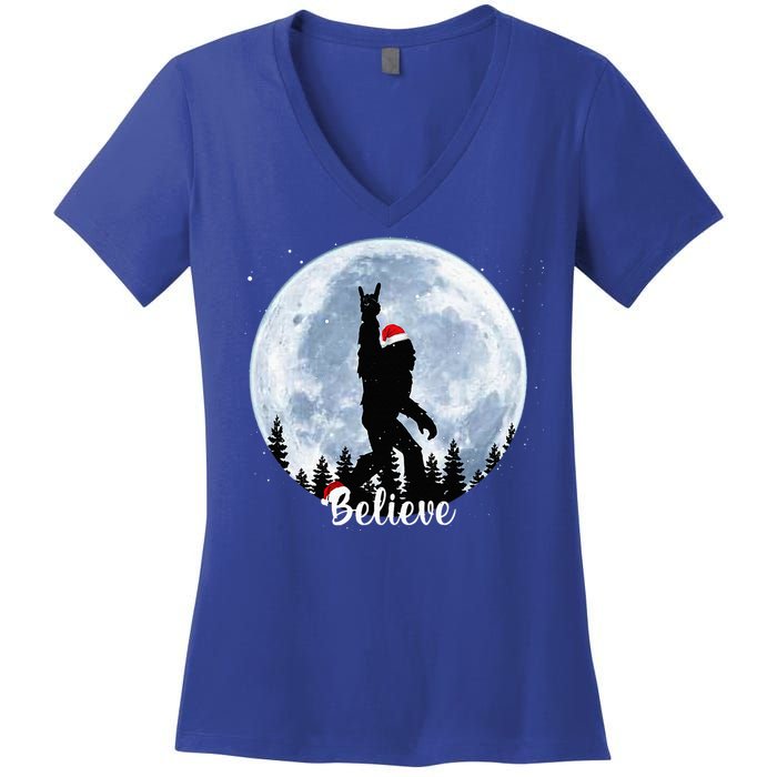 Santa Bigfoot Christmas Rock Roll Sasquatch Believe Xmas  Women's V-Neck T-Shirt