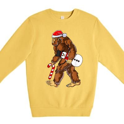 Santa Bigfoot Christmas Sasquatch With Snowman Candy Cane Premium Crewneck Sweatshirt